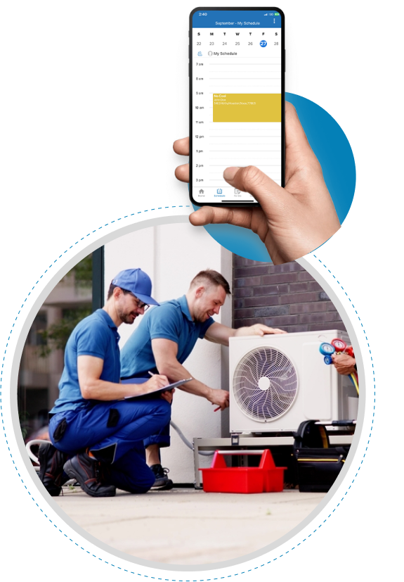 HVAC technician using smartphone to manage appointments and office staff reviewing reports on a tablet