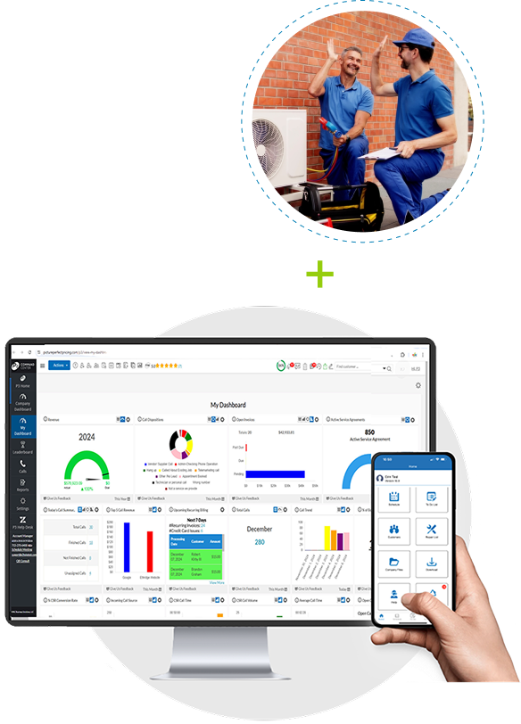 HVAC software dashboard showing KPIs, reports and graph showing business growth from HVAC software