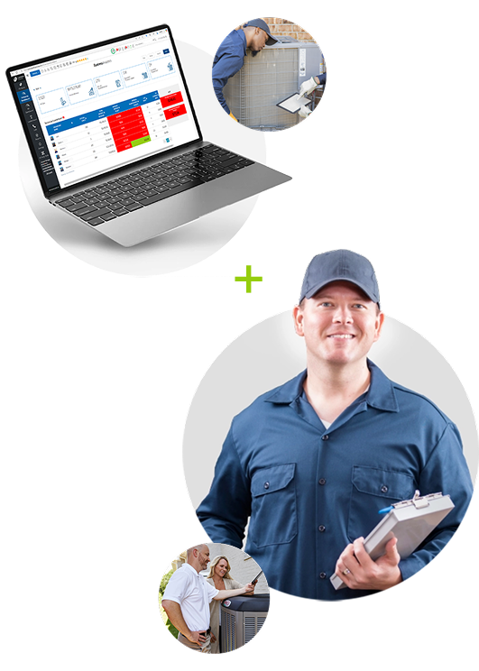 HVAC contractor using laptop to access job data and field technician reviewing P3 HVAC Software on tablet